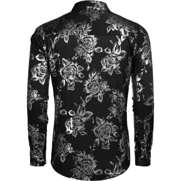Men's Rose Shiny Shirt Luxury Flowered Printed Button Down Shirt - Picture 4 of 6